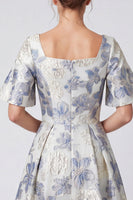 Load image into Gallery viewer, Dusty Blue Floral Jacquard Square Neck A Line Long Formal Dress with Sleeves