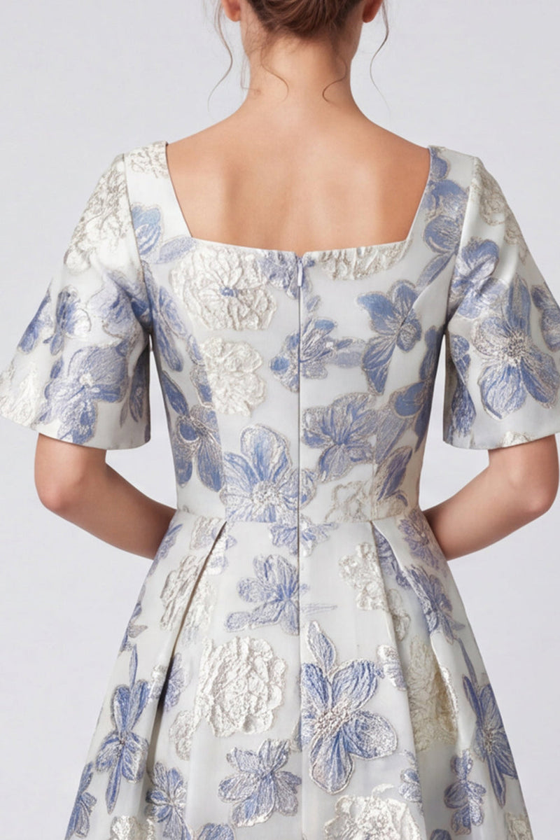 Load image into Gallery viewer, Dusty Blue Floral Jacquard Square Neck A Line Long Formal Dress with Sleeves
