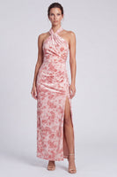 Load image into Gallery viewer, Yellow Floral Printed Halter Sheath Long Formal Dress with Slit