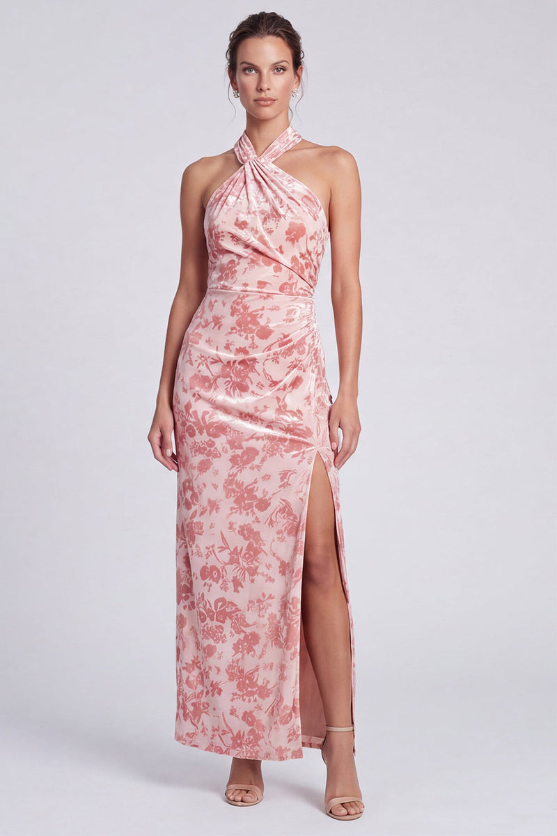 Load image into Gallery viewer, Yellow Floral Printed Halter Sheath Long Formal Dress with Slit