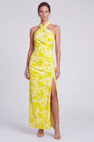Load image into Gallery viewer, Yellow Floral Printed Halter Sheath Long Formal Dress with Slit