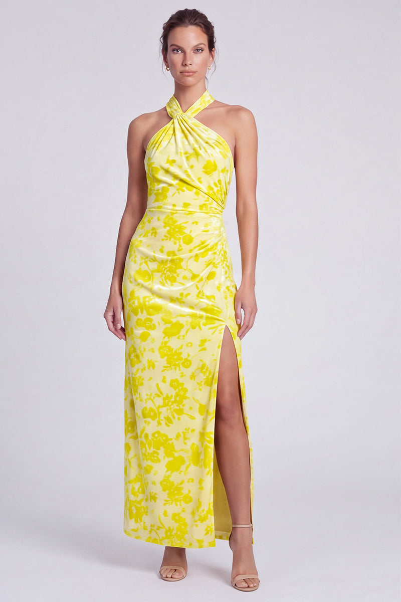 Load image into Gallery viewer, Yellow Floral Printed Halter Sheath Long Formal Dress with Slit
