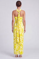 Load image into Gallery viewer, Yellow Floral Printed Halter Sheath Long Formal Dress with Slit