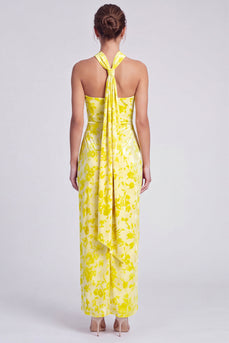 Yellow Floral Printed Halter Sheath Long Formal Dress with Slit
