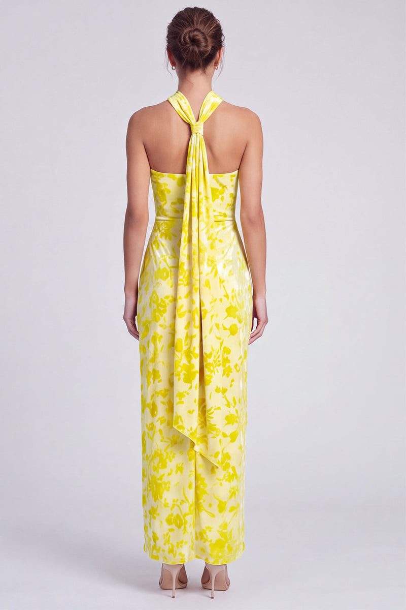 Load image into Gallery viewer, Yellow Floral Printed Halter Sheath Long Formal Dress with Slit