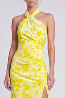 Load image into Gallery viewer, Yellow Floral Printed Halter Sheath Long Formal Dress with Slit