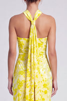 Load image into Gallery viewer, Yellow Floral Printed Halter Sheath Long Formal Dress with Slit