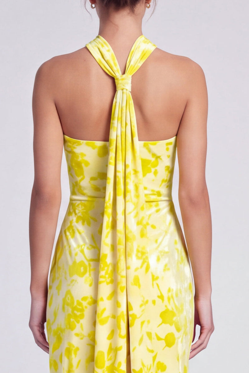 Load image into Gallery viewer, Yellow Floral Printed Halter Sheath Long Formal Dress with Slit