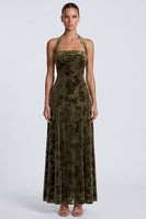 Load image into Gallery viewer, Floral Olive Halter Velvet A Line Long Formal Dress