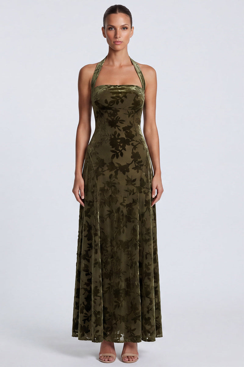 Load image into Gallery viewer, Floral Olive Halter Velvet A Line Long Formal Dress