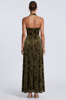 Load image into Gallery viewer, Floral Olive Halter Velvet A Line Long Formal Dress