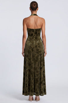 Floral Olive Halter Velvet A Line Long Formal Dress