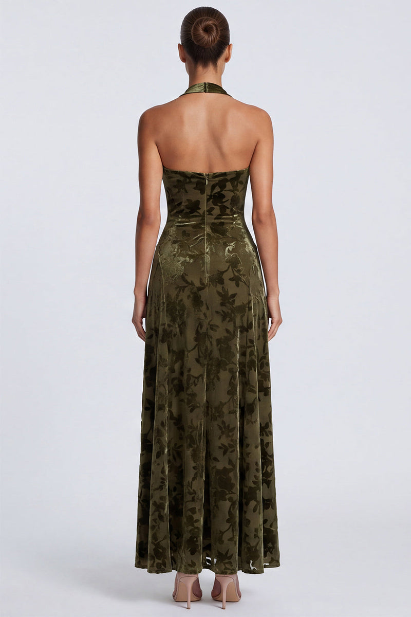Load image into Gallery viewer, Floral Olive Halter Velvet A Line Long Formal Dress