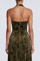 Load image into Gallery viewer, Floral Olive Halter Velvet A Line Long Formal Dress