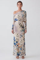 Load image into Gallery viewer, Ivory Sheath Floral Printed One Shoulder Long Formal Dress with Sleeves