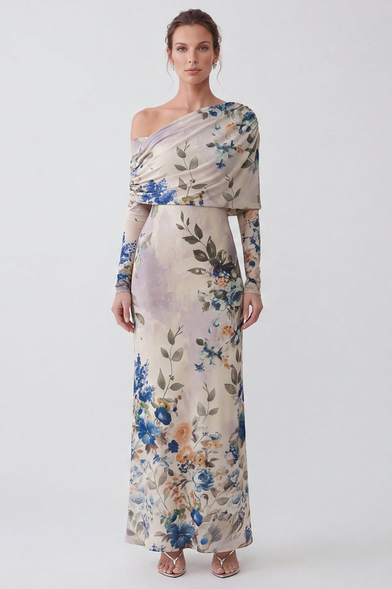 Load image into Gallery viewer, Ivory Sheath Floral Printed One Shoulder Long Formal Dress with Sleeves