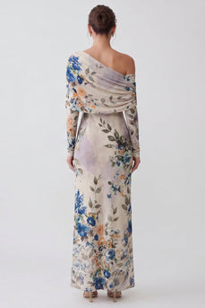 Ivory Sheath Floral Printed One Shoulder Long Formal Dress with Sleeves