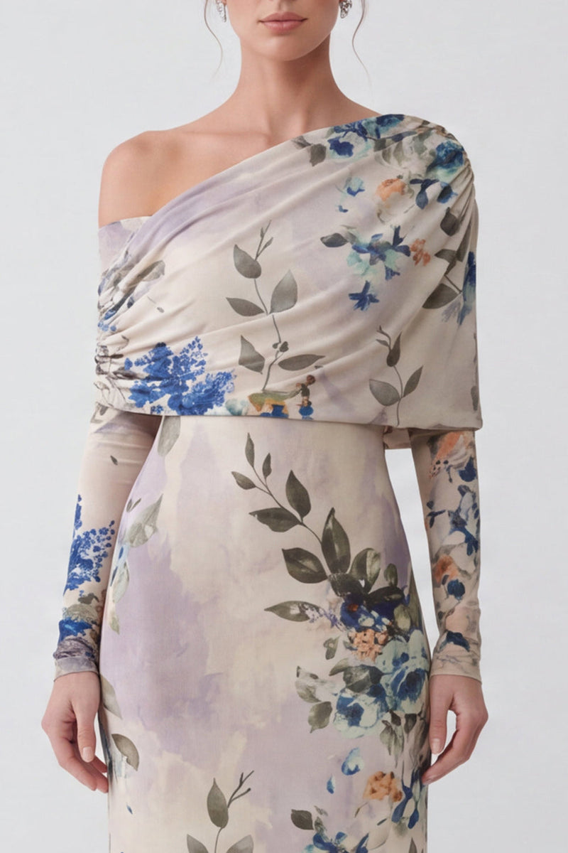 Load image into Gallery viewer, Ivory Sheath Floral Printed One Shoulder Long Formal Dress with Sleeves