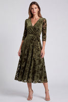Load image into Gallery viewer, Peacock Blue Velvet A Line Floral V-Neck Midi Formal Dress with Sleeves