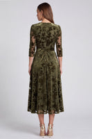 Load image into Gallery viewer, Peacock Blue Velvet A Line Floral V-Neck Midi Formal Dress with Sleeves