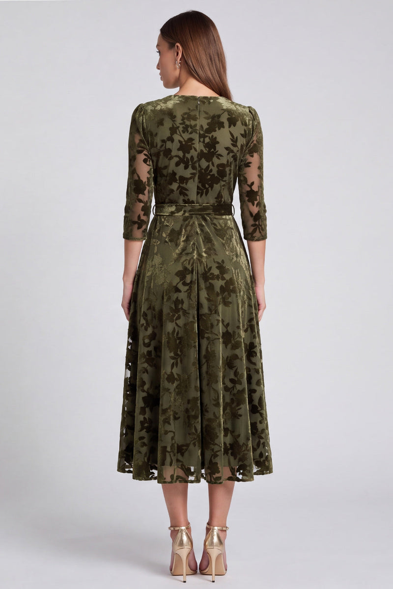 Load image into Gallery viewer, Peacock Blue Velvet A Line Floral V-Neck Midi Formal Dress with Sleeves