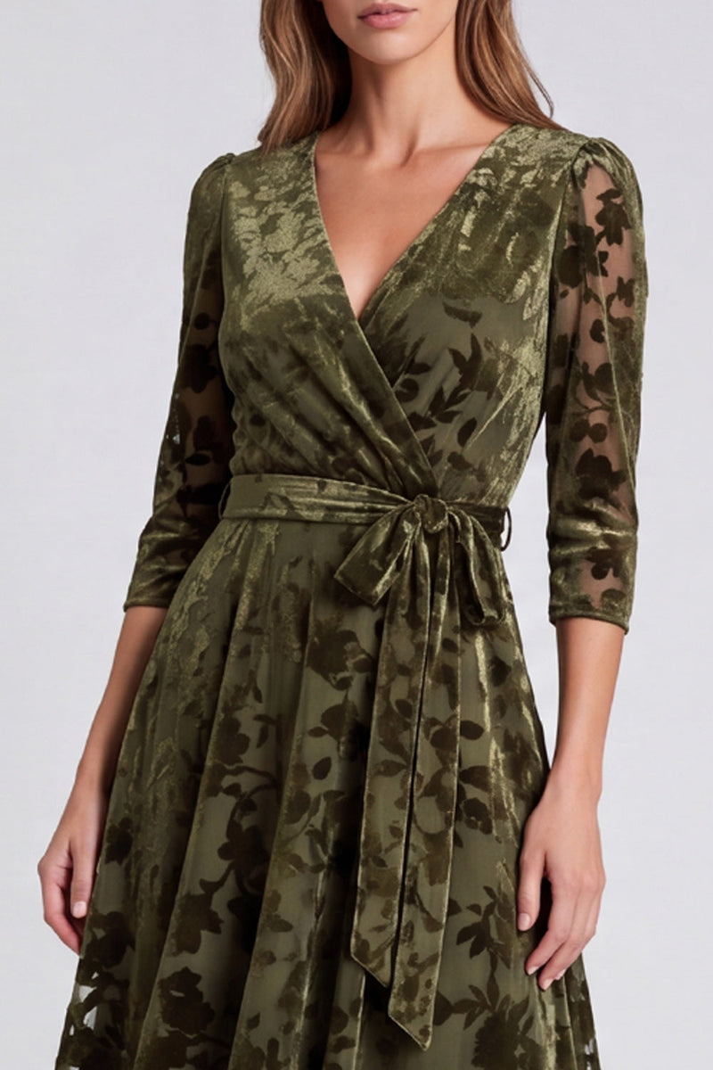 Load image into Gallery viewer, Peacock Blue Velvet A Line Floral V-Neck Midi Formal Dress with Sleeves