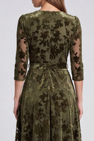Load image into Gallery viewer, Peacock Blue Velvet A Line Floral V-Neck Midi Formal Dress with Sleeves
