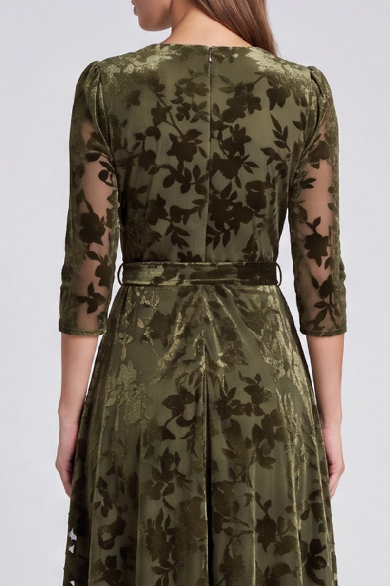 Load image into Gallery viewer, Peacock Blue Velvet A Line Floral V-Neck Midi Formal Dress with Sleeves