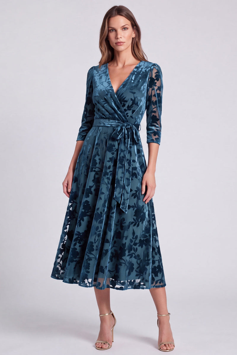 Load image into Gallery viewer, Peacock Blue Velvet A Line Floral V-Neck Midi Formal Dress with Sleeves