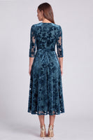 Load image into Gallery viewer, Peacock Blue Velvet A Line Floral V-Neck Midi Formal Dress with Sleeves