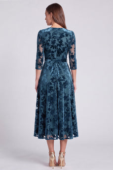 Peacock Blue Velvet A Line Floral V-Neck Midi Formal Dress with Sleeves