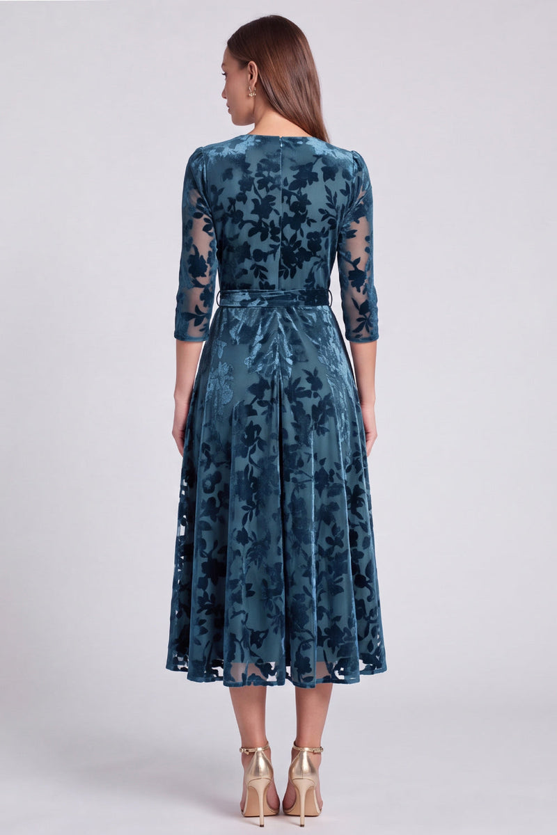 Load image into Gallery viewer, Peacock Blue Velvet A Line Floral V-Neck Midi Formal Dress with Sleeves