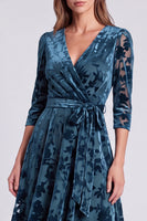 Load image into Gallery viewer, Peacock Blue Velvet A Line Floral V-Neck Midi Formal Dress with Sleeves