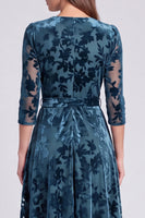 Load image into Gallery viewer, Peacock Blue Velvet A Line Floral V-Neck Midi Formal Dress with Sleeves