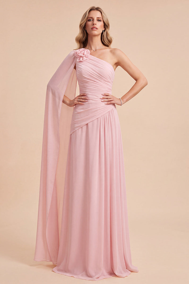 Load image into Gallery viewer, Light Pink A Line Chiffon Long Beach Wedding Guest Dress with 3D Florwer