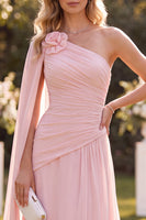 Load image into Gallery viewer, Light Pink A Line Chiffon Long Beach Wedding Guest Dress with 3D Florwer