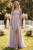 Load image into Gallery viewer, Light Grey One Shoulder A Line Long Beach Wedding Guest Dress with Cpae