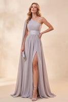 Load image into Gallery viewer, Light Grey One Shoulder A Line Long Beach Wedding Guest Dress with Cpae