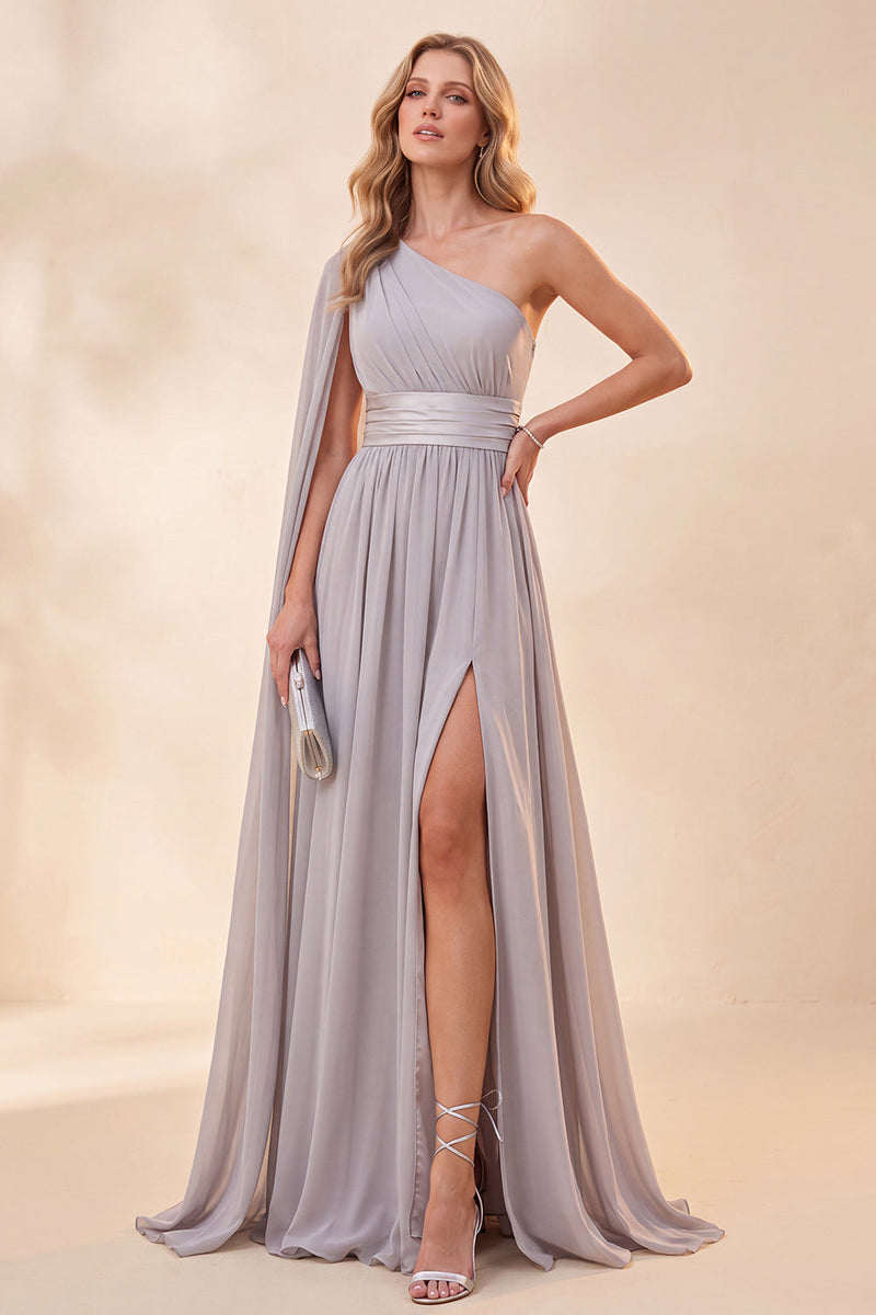 Load image into Gallery viewer, Light Grey One Shoulder A Line Long Beach Wedding Guest Dress with Cpae