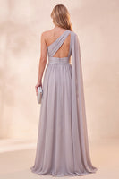 Load image into Gallery viewer, Light Grey One Shoulder A Line Long Beach Wedding Guest Dress with Cpae