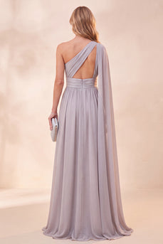 Light Grey One Shoulder A Line Long Beach Wedding Guest Dress with Cpae