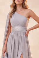 Load image into Gallery viewer, Light Grey One Shoulder A Line Long Beach Wedding Guest Dress with Cpae