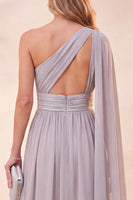 Load image into Gallery viewer, Light Grey One Shoulder A Line Long Beach Wedding Guest Dress with Cpae