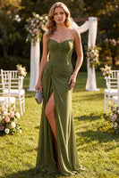 Load image into Gallery viewer, Olive Mermaid Ruched Strapless Long Wedding Guest Dress with Slit