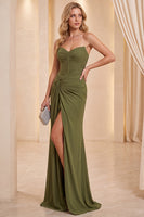 Load image into Gallery viewer, Olive Mermaid Ruched Strapless Long Wedding Guest Dress with Slit