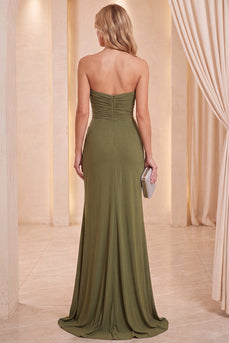 Olive Mermaid Ruched Strapless Long Wedding Guest Dress with Slit