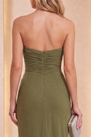 Load image into Gallery viewer, Olive Mermaid Ruched Strapless Long Wedding Guest Dress with Slit