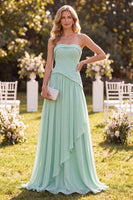 Load image into Gallery viewer, Mint Green Ruffled A Line Chiffon Strapless Long Beach Wedding Guest Dress