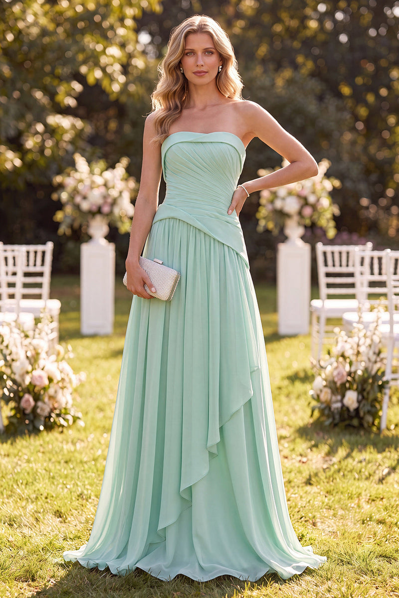 Load image into Gallery viewer, Mint Green Ruffled A Line Chiffon Strapless Long Beach Wedding Guest Dress