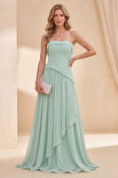 Load image into Gallery viewer, Mint Green Ruffled A Line Chiffon Strapless Long Beach Wedding Guest Dress